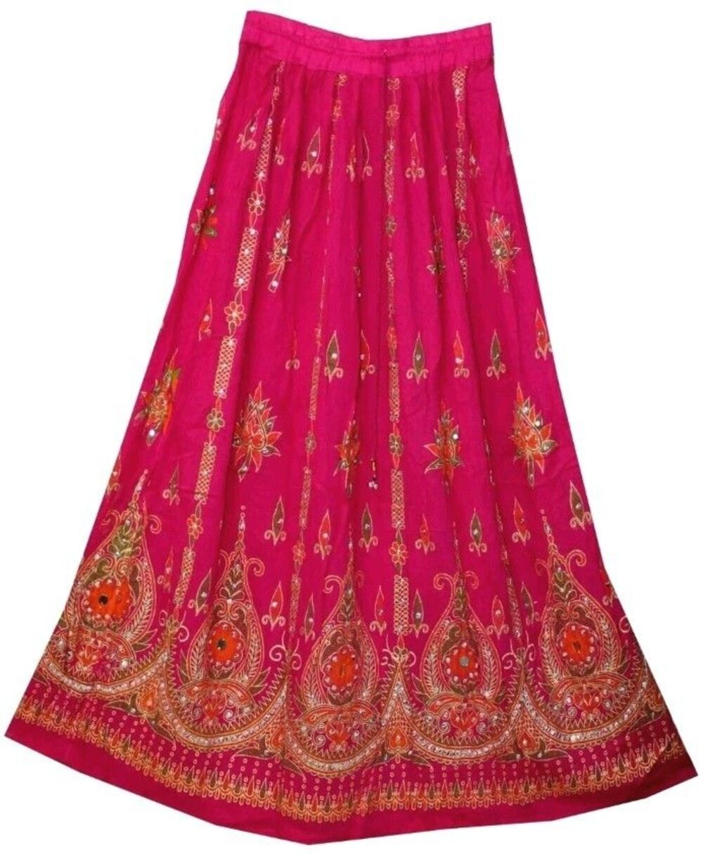 Hot Pink Crinkle Cotton Gauze Maxi Skirt XL Boho Gypsy Festival Beaded Pull On